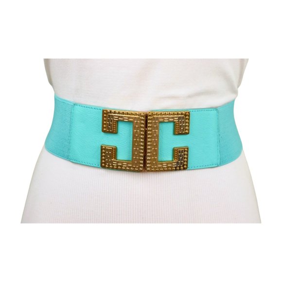 NEW Women Mint Green Shade Elastic Wide Belt Metal C Buckle Adjustable Size S M - Picture 5 of 17